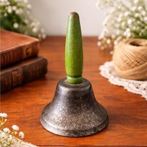 Hand Bell Green Wooden Handle Rustic Metal School Dinner Bell vintage